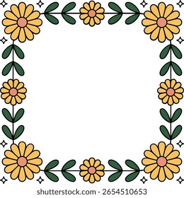 Marco cuadrado de margarita amarilla, borde floral dibujado a mano, corona botánica, invitación de primavera, Ilustración vectorial decorativa