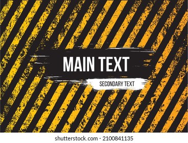 Yellow damaged stripes on a black background with scratched space for text. Warning or construction sign with place to insert text. Vector graphics.