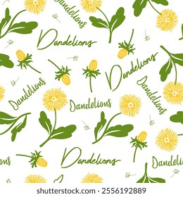 Yellow Dandelion Blossoms and Green Leaves Pattern. This design is ideal for spring-themed projects, wallpapers, fabric designs, packaging, and more. Brings a touch of nature.