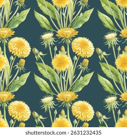 Yellow Dandelion Classic Realistic Vatercolor Botanical Seamless Vector Pattern
