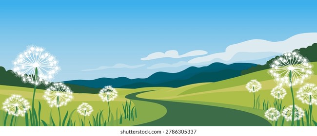 Yellow dandelion field under a blue sky with white clouds. Summer rural landscape with a flowering meadow along a road leading to the mountains. A beautiful sunny day. Vector nature illustration.