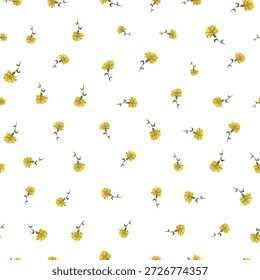 Vetor de flor de dente-de-leão amarelo padrão sem emenda Floral vintage ditsy tecido impressão ilustração. Primavera feliz easter vibe. Estilo de desenho de botânica herbal de campo