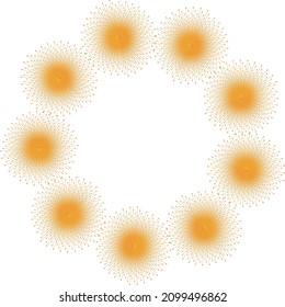 Yellow dandelion flowers, colorful design element, botanical shape. Circular radiating frame with odd whimsical flower elements.Transparent background.  Abstract vector illustration, eps 10.