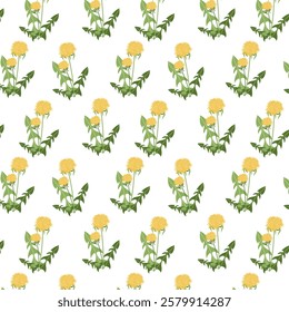 Yellow Dandelion flowers. Seamless pattern. Background.  Vector flat illustration. Easter, Spring, Summer flowers
