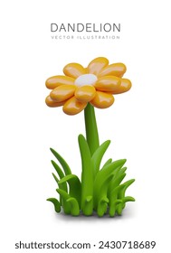Yellow dandelion in green grass. Realistic illustration on white background