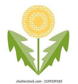 Yellow dandelion on a stem. Blooming wildflower Taraxacum with leaves. Modern abstract, minimalist style. Botanical flat vector illustration isolated on a white background. Great as design element.
