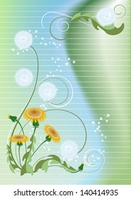 Yellow dandelions in the light green mesh background 