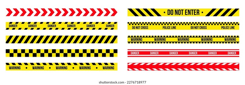 Yellow danger barriers. Warning red lines. Police adhesive tapes. Security caution ribbons. Attention barricades. Prohibited cordon borders. Vector current restricted zone boundaries set
