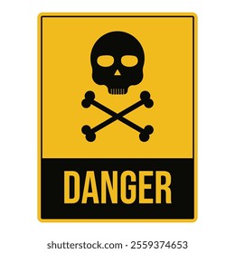 Yellow danger road sign with skull isolated on a white background. Highway billboard and poster design. Caution, warning, and danger traffic sign. Danger sticker with skull and crossbones.