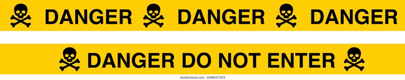 Yellow danger tape with skull and crossbones warns of hazardous conditions, caution for safety, stay away.