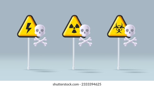 Yellow danger triangle street sign with scull and bones icon, scull danger sign set, hazard nuclear and high power warning icons