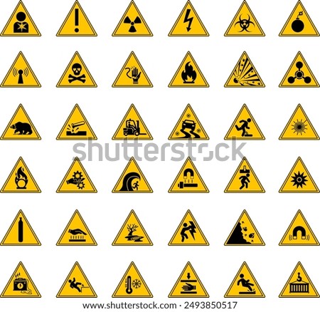 Yellow Danger Warning Signs. Vector Icons Biological Hazard, High Voltage, Carcinogen, Chemical Weapon, Compressed Gas, Slippery Road, Suspended Load, Crushing Risk, Magnetic Field, and Other