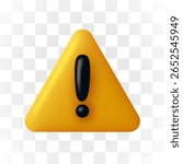 Yellow danger warning triangle 3d icon. Alert, caution or emergency notification. Danger hazard notification sign isolated on transparent background. Vector illustration