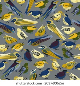 Yellow and dark birds on grey background. Seamless repeat pattern. Surface design for fabric, wallpaper, wrapping paper, invitation cards, scrapbooking.