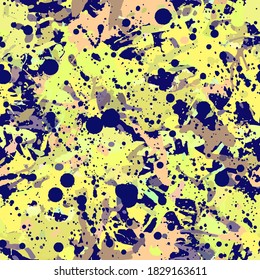 Yellow and dark blue paint splatter seamless pattern, abstract multicolor vector background. Colorful design wallpaper for textile, fabric, wrapping paper.