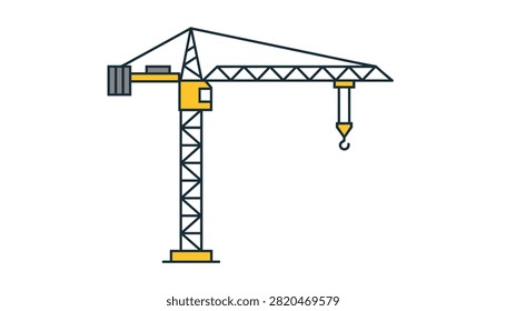 Yellow and dark gray construction tower crane with lifting hook and counterweight block.
