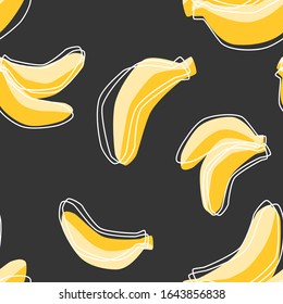 Yellow and dark grey banana vector seamless pattern with linear fruit silhouette for wallpaper, shop decoration or textile print.