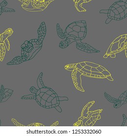 Yellow and dark slate gray turtles on dim gray background. Silhouette. Seamless pattern for cloth, wrapping paper.