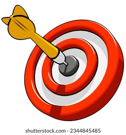 Yellow dart hit the center of the target, three-quarter view. Concept of business goal, successful business strategy or marketing. Simple 3D vector illustration on white background