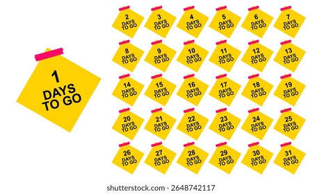 Yellow "Days To Go" Countdown Labels Set. Vector Event Reminders.