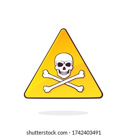 Yellow deadly danger symbol with skull and crossbones. Triangular caution danger sign. Hazard warning sign. Cartoon vector illustration with outline. Clip art Isolated on white background
