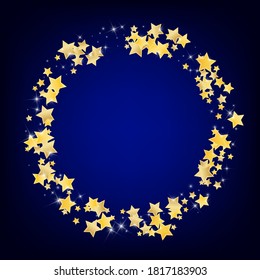 Yellow Decoration Stars Vector Blue Background. Shiny Glow Texture. Sparkle Border. Golden Party Glitter Illustration.