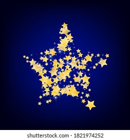 Yellow Decoration Stars Vector Blue Background. Twinkle Shine Background. Dust Texture. Gold Abstract Sparkle Template.