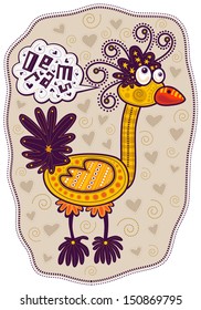 Yellow decorative bird with a long neck and a red beak dreams of love.