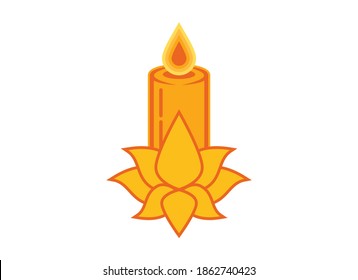 Yellow decorative candle and lotus flower isolated on a white background vector. Zen spa candle icon vector. Beautiful decorative candle with lotus flower vector. Yoga scented candle graphic icon