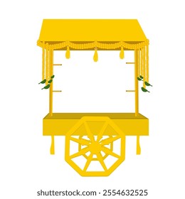 Yellow decorative cart with floral marigold hangings, toran and parrot vector for haldi invitation, mehendi ceremony invite, sangeet decor, bhaat and maayra, traditional indian wedding invite setup
