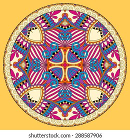 yellow decorative design of circle dish template, round geometric pattern, vector illustration