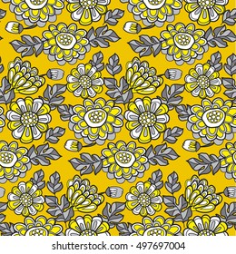 yellow decorative summer floral fall seamless pattern. black and gray vector illustration marigold flower motif 