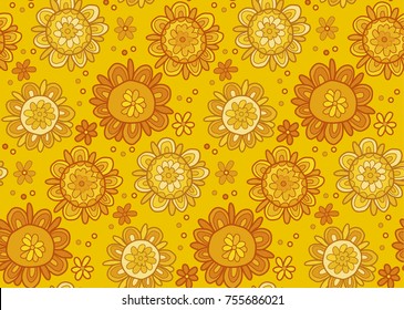 yellow decorative summer flower pattern. Concept abstract floral vector illustration. Stylized marigold flowers in pale pastel color. Seamless flowers pattern. Floral background