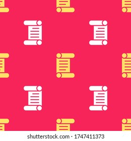 Decreto Amarillo, papel, pergamino, icono de desplazamiento aislado patrón sin fisuras sobre fondo rojo.  Vector