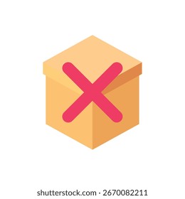 Caja de entrega amarilla con marca X roja que indica el pedido cancelado. Ilustración vectorial