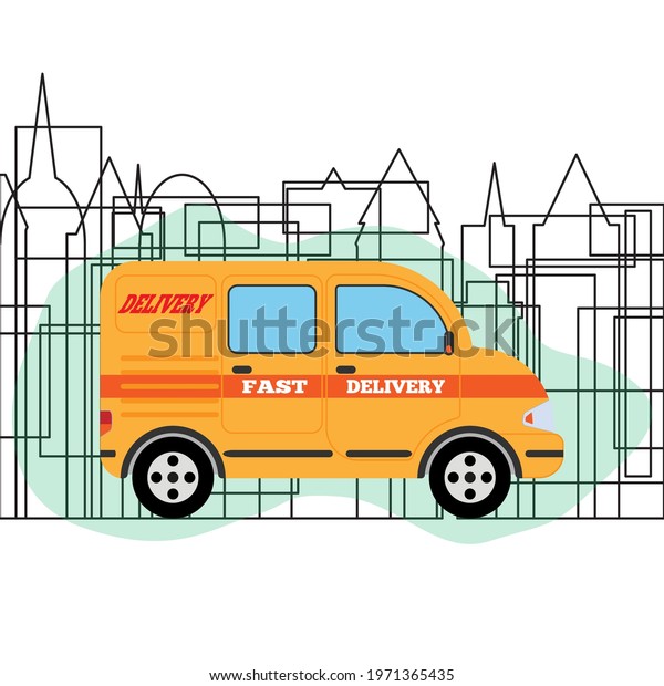 Yellow delivery car background silhouette\
city. Simple vector\
illustration
