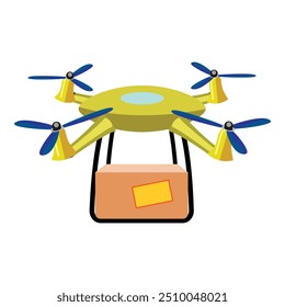 Yellow delivery drone carrying a package with label