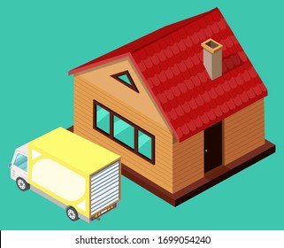 Yellow delivery lorry truck standing near building. Motor vehicles for freight loading. Moving house and transportation concept vector illustration