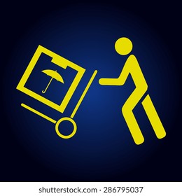 Yellow Delivery man pushing a cargo hand truck, vector icon on a blue background