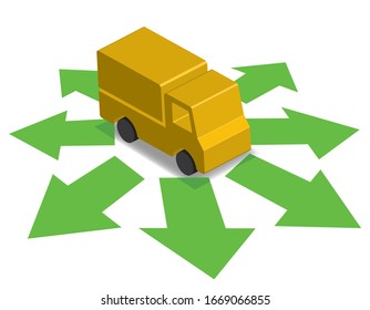 yellow delivery truck, green arrows, vector illustration