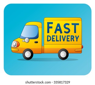 Yellow delivery truck icon on a blue background.