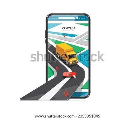 yellow delivery truck is on road and is following a GPS track along red pin to deliver goods to customer after customer press buy order button, vector 3d for logistics ,delivery ,online shopping