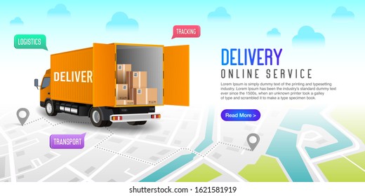 Yellow delivery truck with shadow and cardboard boxes on map background. Fast service truck.