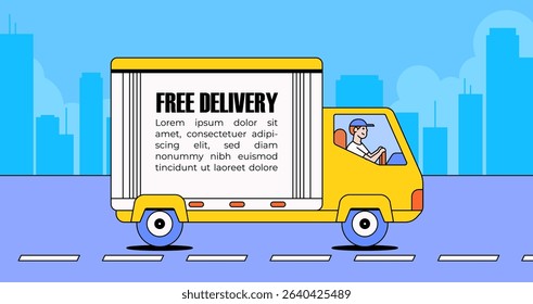 Yellow delivery truck with “Free Delivery” text on the side driving through a modern cityscape cartoon illustration for banner sign delivery