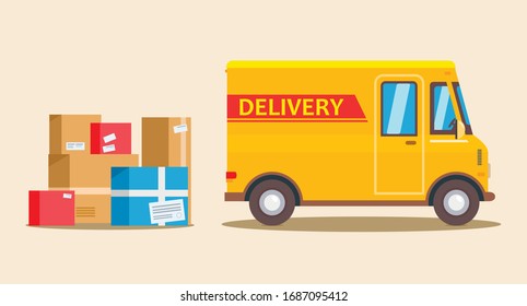 Van de entrega amarilla y en caja de color amarillo. Concepto de servicio de entrega. Transporte de mercancías de productos. coche rápido. Ilustración vectorial.