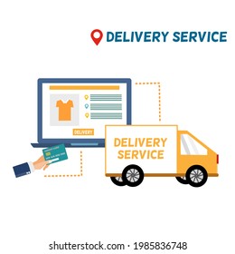 Yellow delivery van and electronic devices, smart phone, laptop in delivery service concept with location pin point