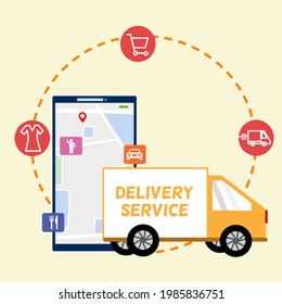 Yellow delivery van and electronic devices, smart phone, laptop in delivery service concept with location pin point