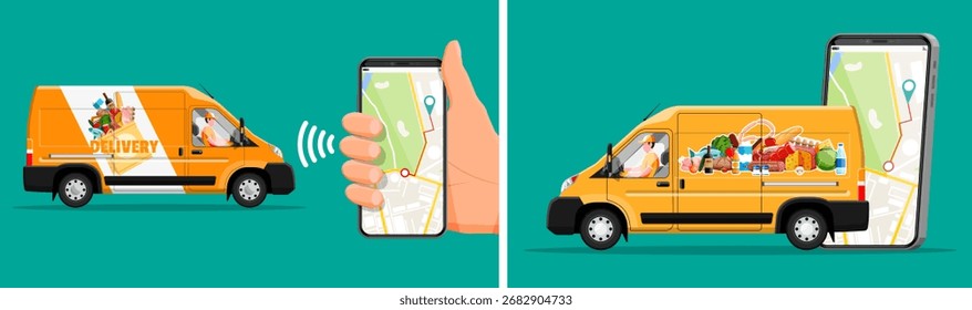 Yellow delivery van and human hand holding smartphone with Gps application. Online grocery order and meal service concept.