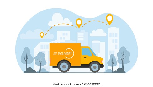 Yellow delivery van ships a parcel in a city. Concept of express delivery. Vector illustration in flat style