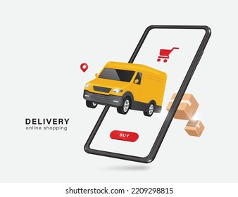 Yellow delivery vans and brown parcel boxes are flying from the smartphone screen,vector 3d isolated on white background for logistics,transport,delivery and online shopping concept design